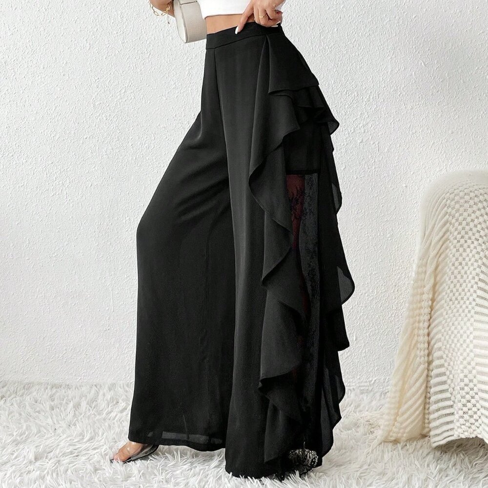 Black Elegant Women's Contrast Lace Ruffle Trim Wide Leg Pants
